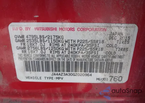 2016 Mitsubishi Outlander Se from USA, damaged, VIN JA4AZ3A30GZ020964